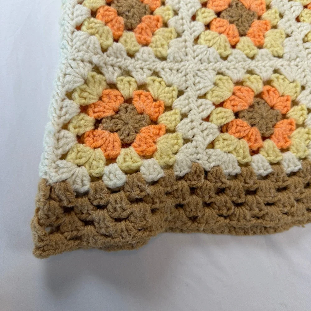 Vintage Handmade Crochet Granny Square Blanket Afghan Orange Brown Retro 72x52